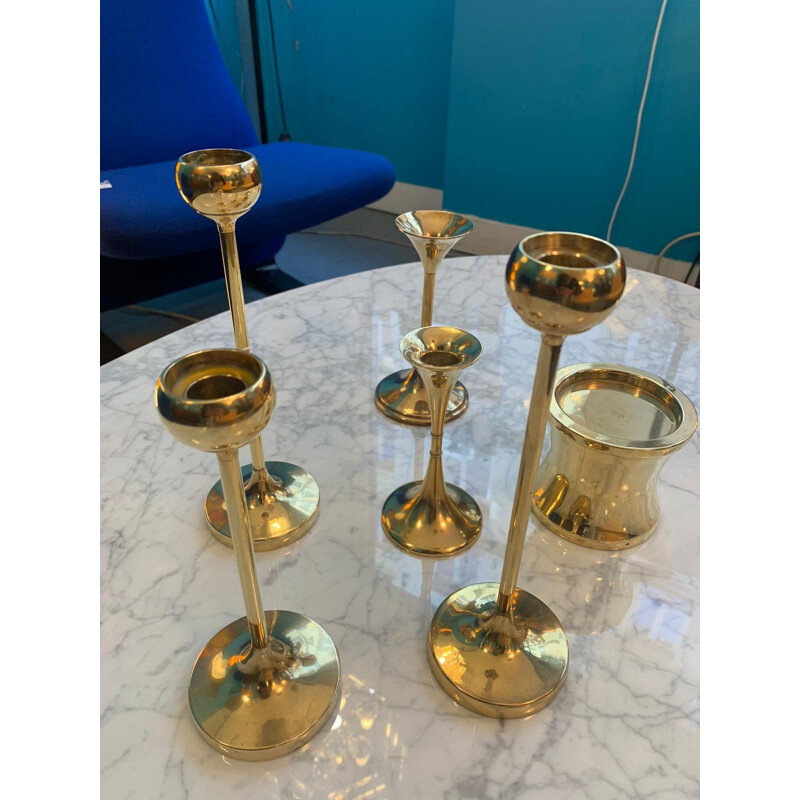 Set of 6 vintage F.W. brass candle holders, Denmark 1960