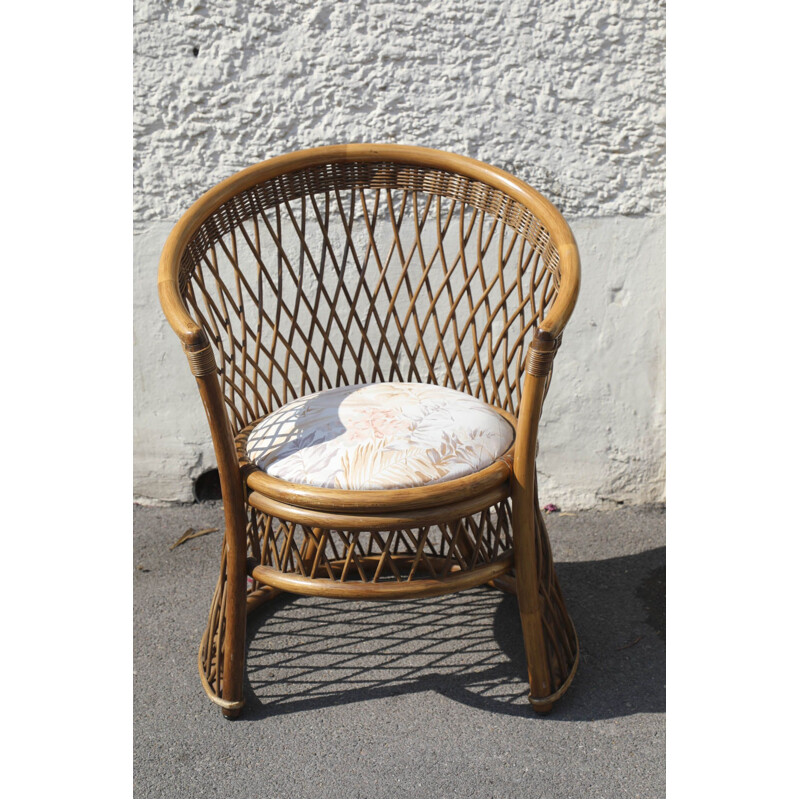 Vintage woven half-moon rattan armchair, Italy 1970