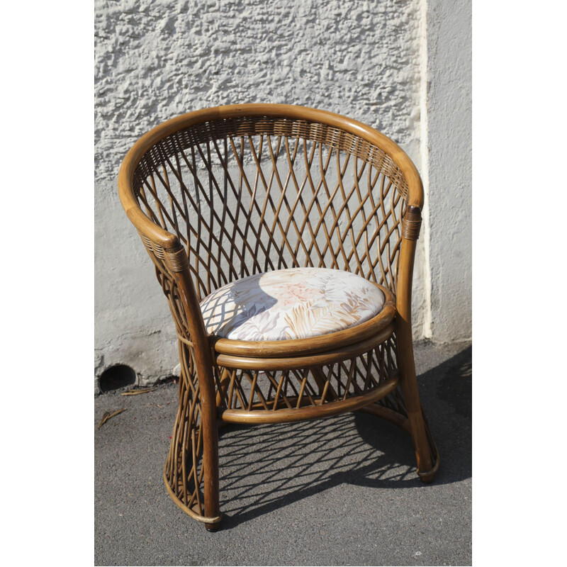 Vintage woven half-moon rattan armchair, Italy 1970