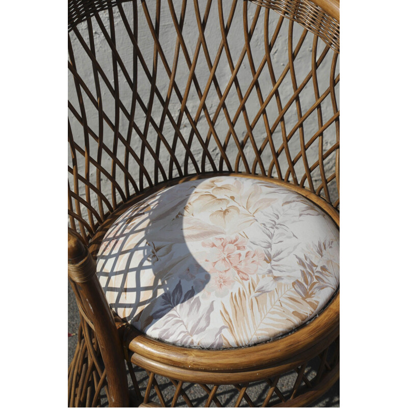 Vintage woven half-moon rattan armchair, Italy 1970