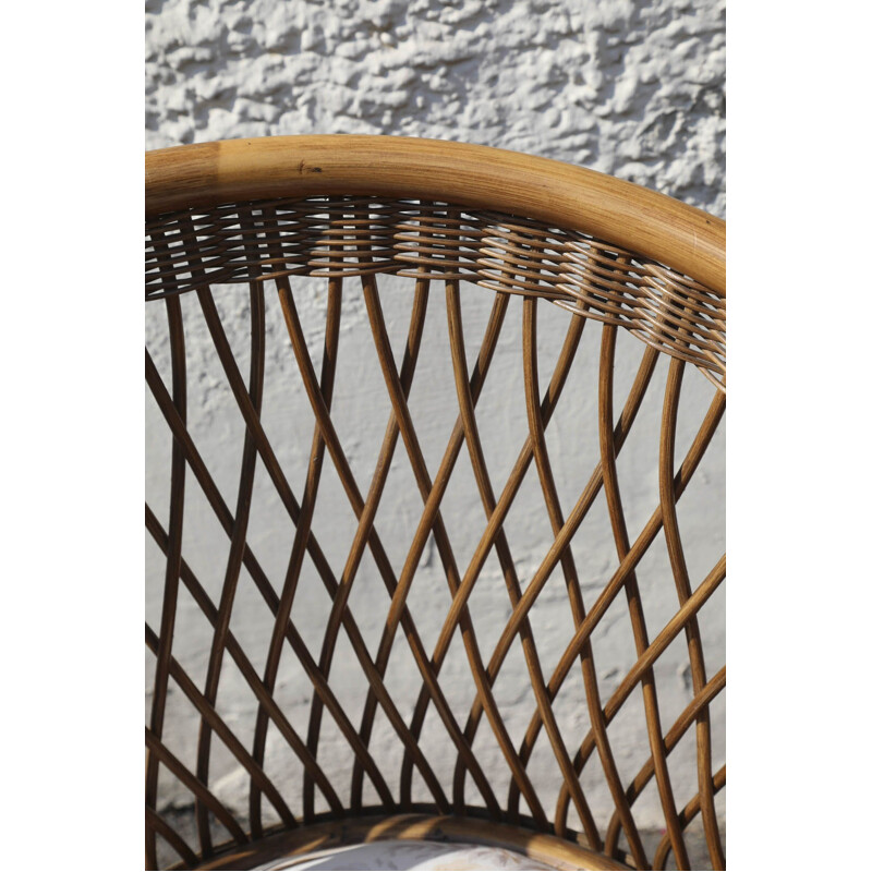 Vintage woven half-moon rattan armchair, Italy 1970