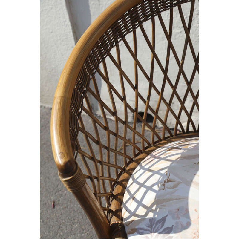 Vintage woven half-moon rattan armchair, Italy 1970