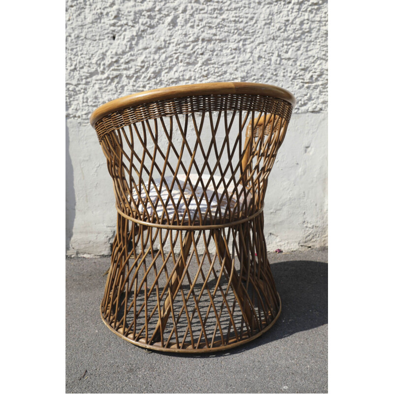 Vintage woven half-moon rattan armchair, Italy 1970