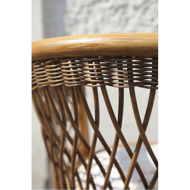 Vintage woven half-moon rattan armchair, Italy 1970