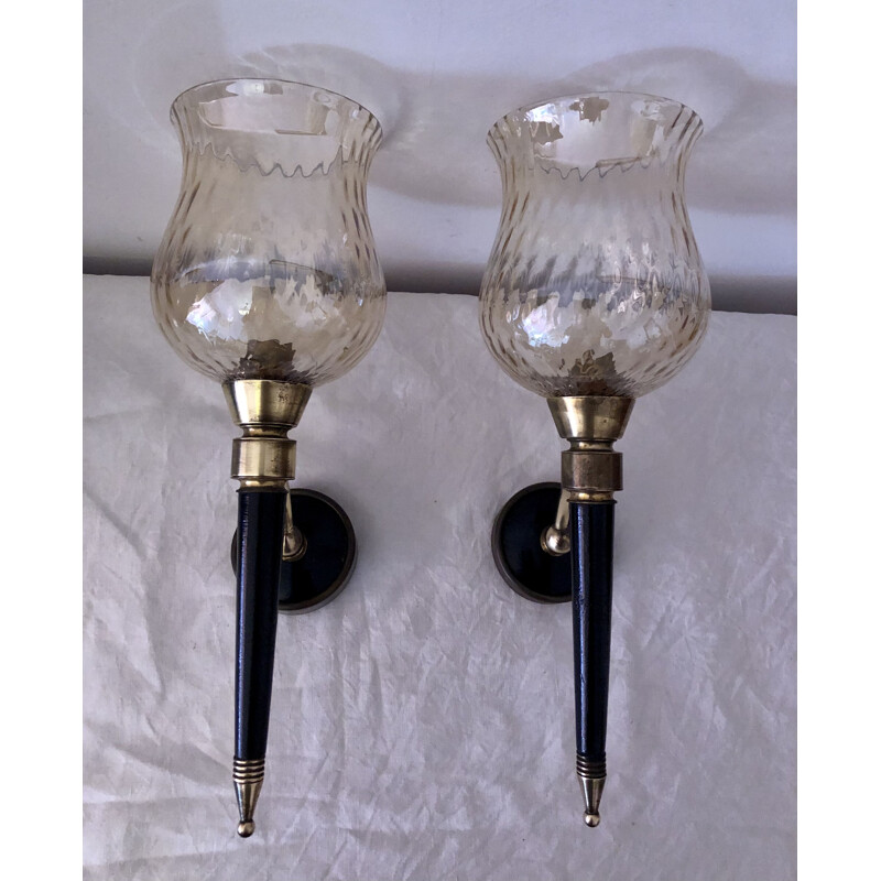 Pair of vintage glass and brass wall lamps