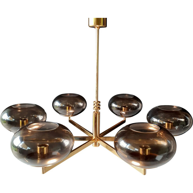 Vintage chandelier with 6 lights in brass and smoked glass by Gaetano Sciolari, 1970