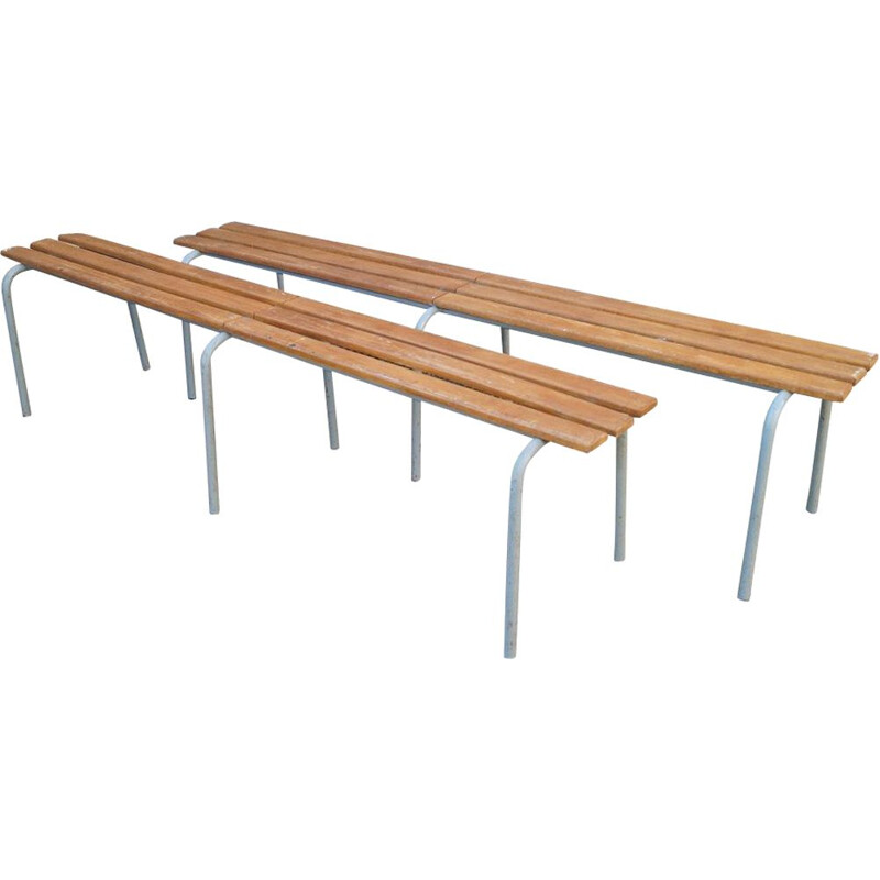 Pair of vintage steel and wood school benches, 1950