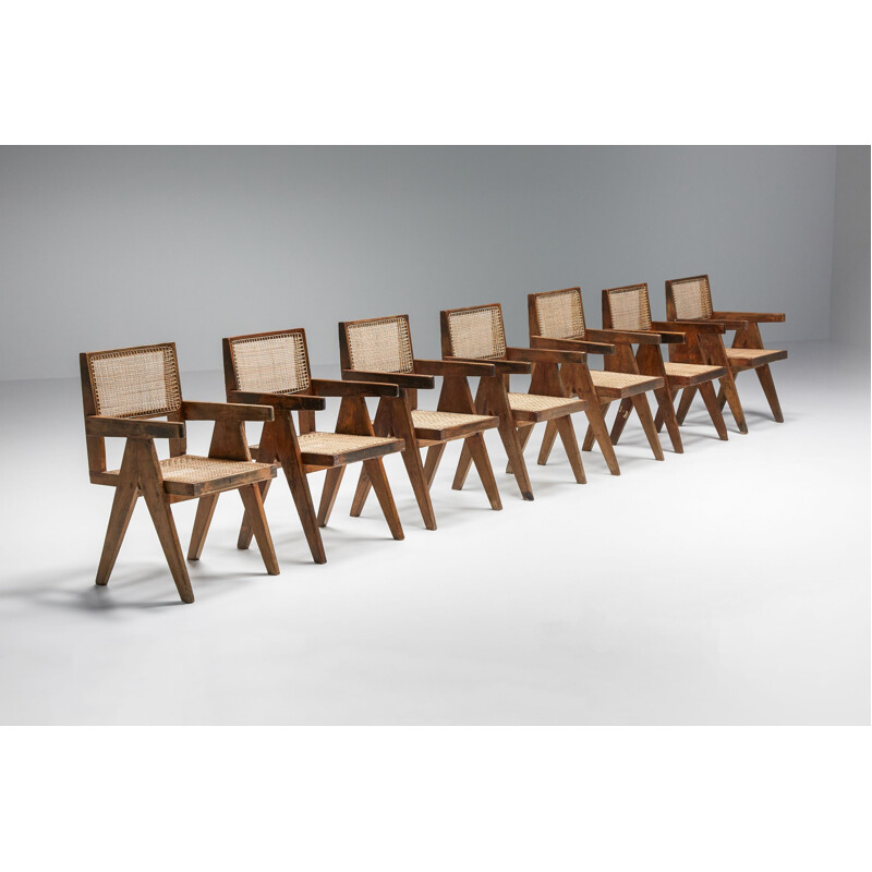Set of 7 vintage Chandigarh office cane chairs by Pierre Jeanneret, 1950s