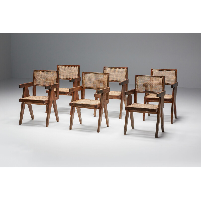 Ensemble de 7 chaises de bureau vintage Chandigarh en rotin par Pierre Jeanneret, 1950