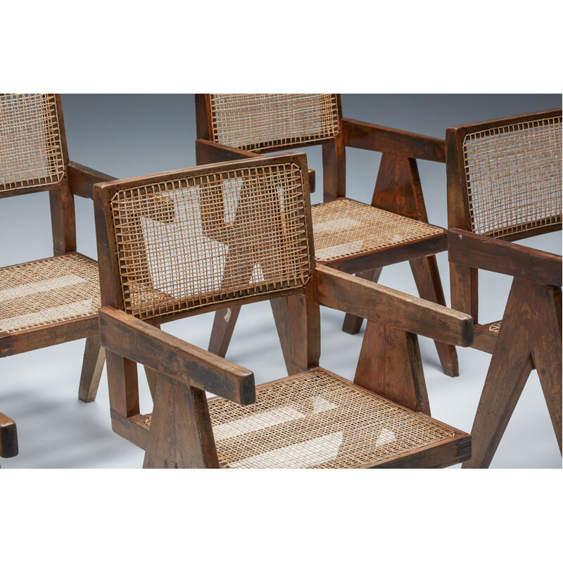 Set of 7 vintage Chandigarh office cane chairs by Pierre Jeanneret, 1950s
