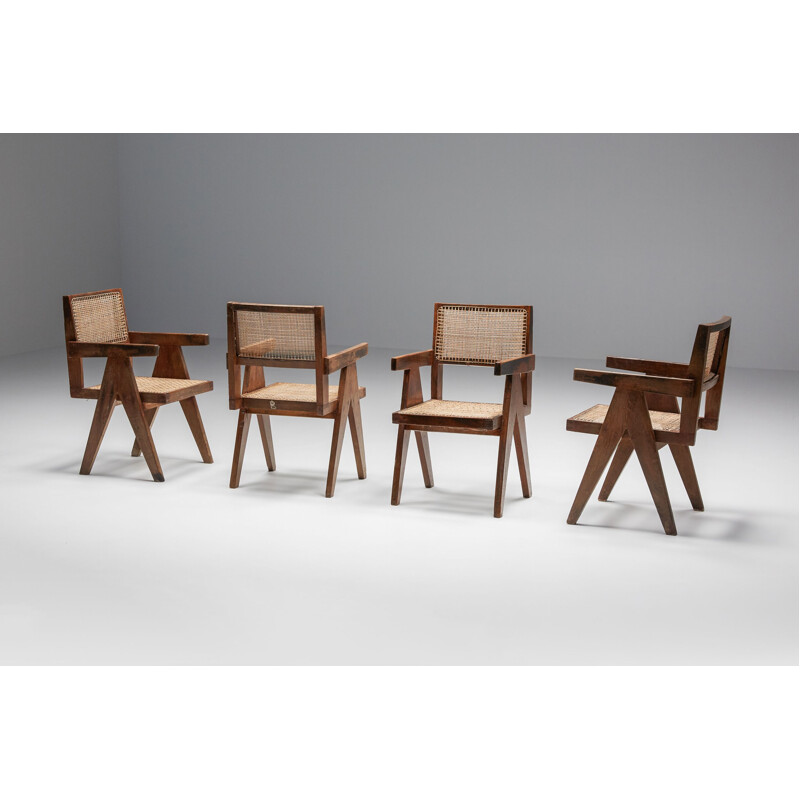 Ensemble de 7 chaises de bureau vintage Chandigarh en rotin par Pierre Jeanneret, 1950