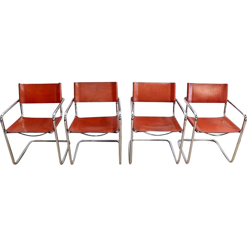 Set of 4 vintage leather and chrome metal armchairs by Matteo Grassi, 1960