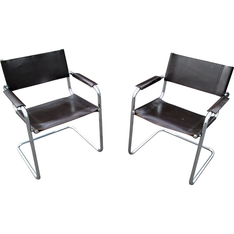 Pair of vintage metal and leather armchairs, 1970s