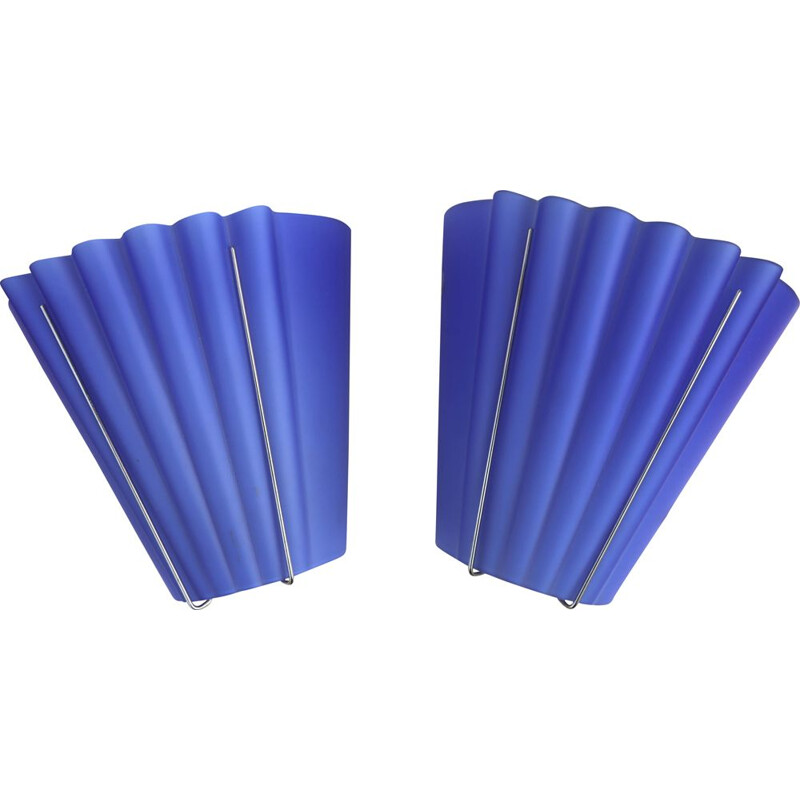 Pair of vintage sconces in blue pleated Murano glass, Italy 1970