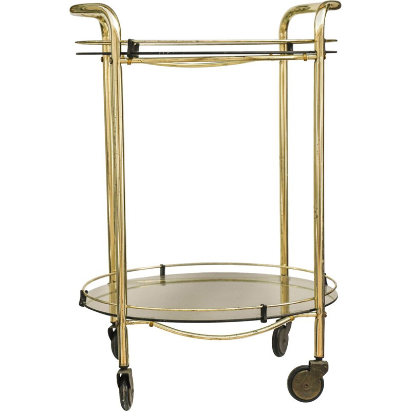 Round vintage trolley in gold brass and glass, Italy 1970