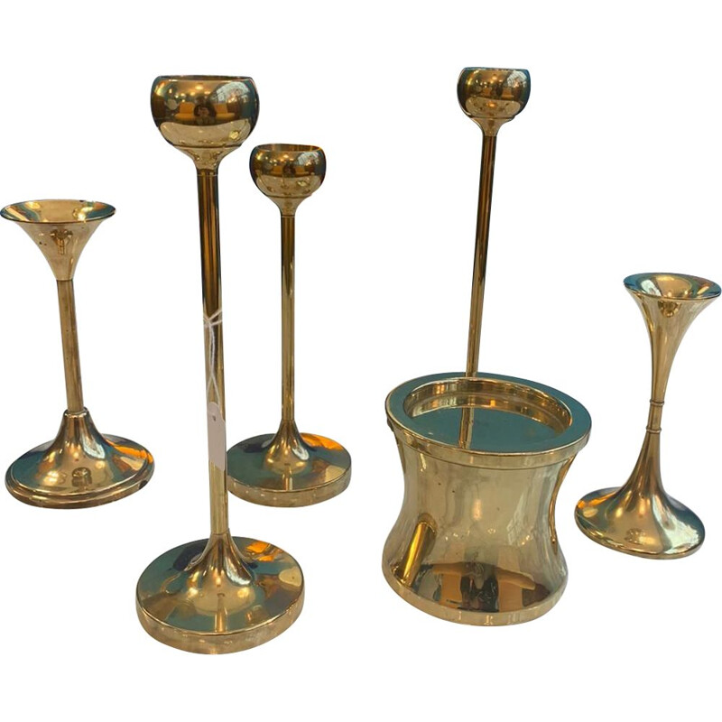 Set of 6 vintage F.W. brass candle holders, Denmark 1960