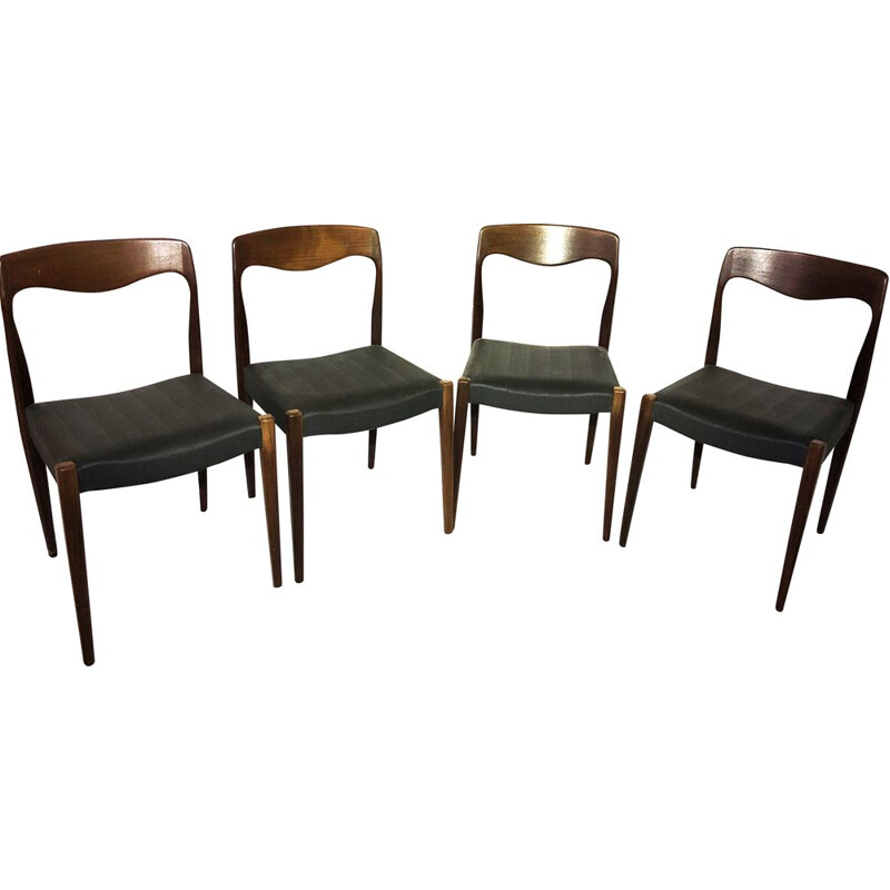 Ensemble de 4 chaises vintage en teck et skaï par Niels Otto Moller 