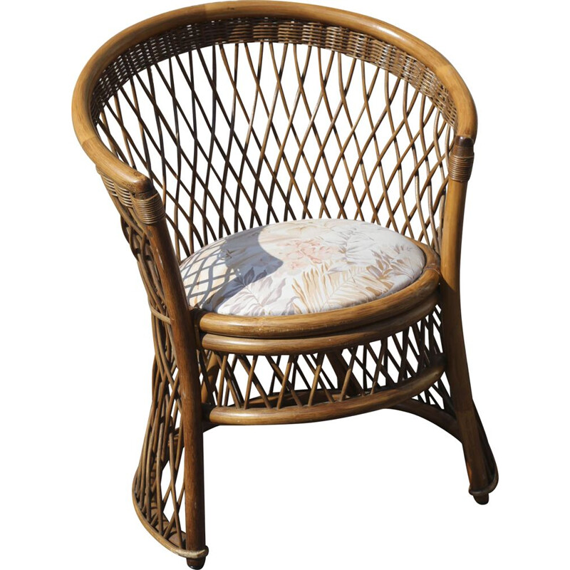 Vintage woven half-moon rattan armchair, Italy 1970