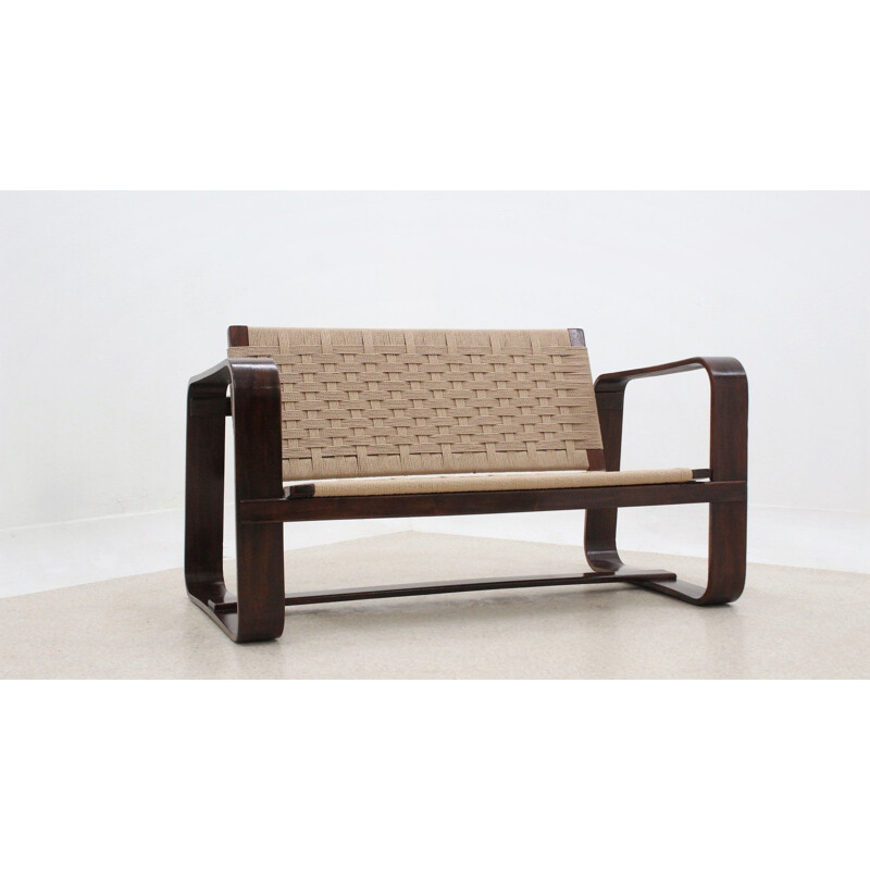 Vintage 2-seater solid cherry wood and woven rope sofa by Giuseppe Pagano for Gino Maggioni, 1940s