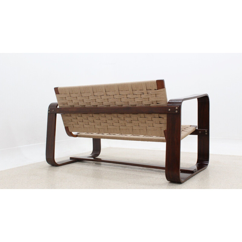 Vintage 2-seater solid cherry wood and woven rope sofa by Giuseppe Pagano for Gino Maggioni, 1940s
