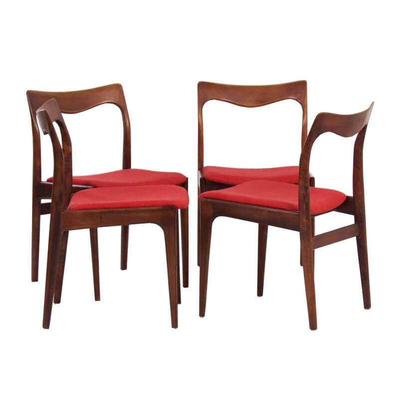 Suite von vier Stühlen aus Palisanderholz und roter Sitzfläche - 1960