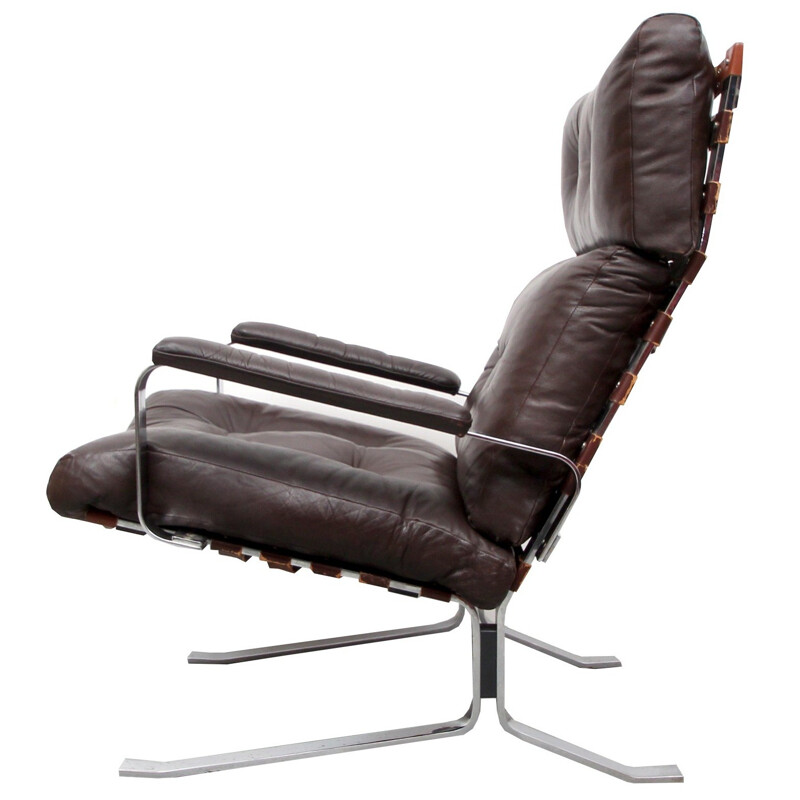 Bruine lederen fauteuil met hoge rug - 1970