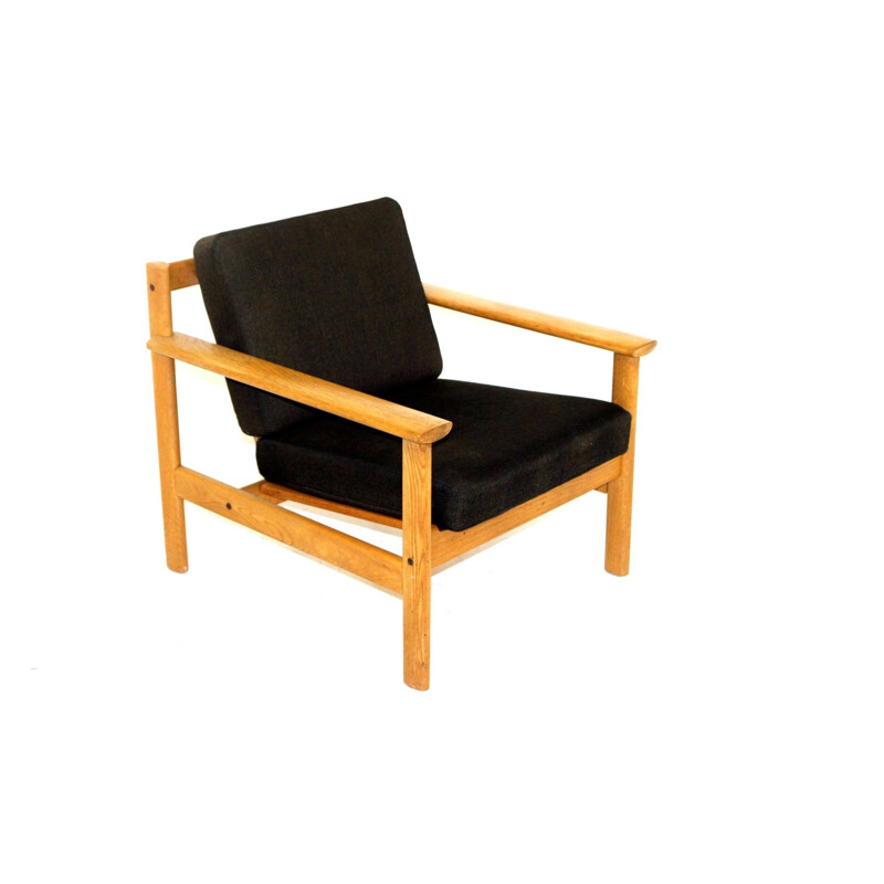 Scandinavian vintage armchair in oakwood and black cotton fabric, Sweden 1960