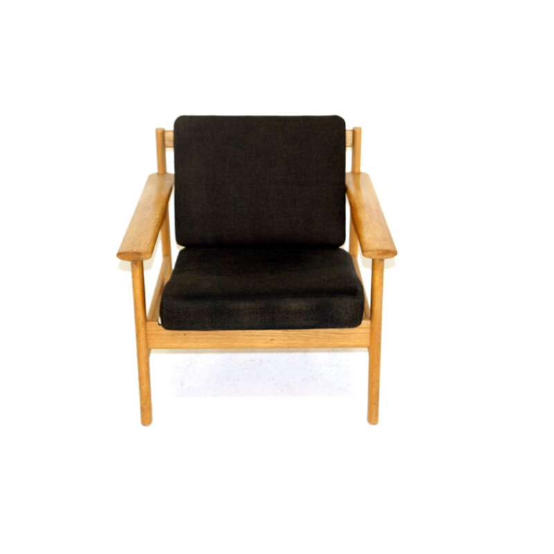 Scandinavian vintage armchair in oakwood and black cotton fabric, Sweden 1960