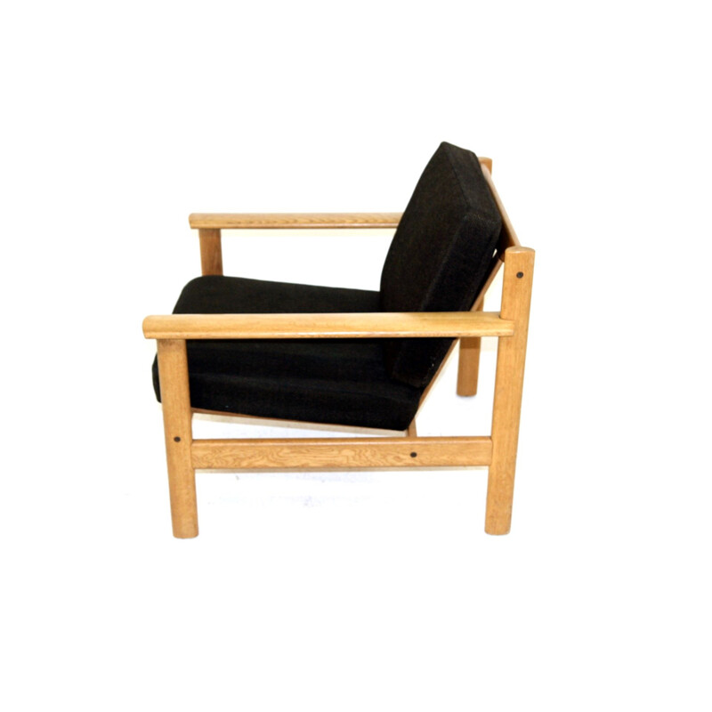 Scandinavian vintage armchair in oakwood and black cotton fabric, Sweden 1960