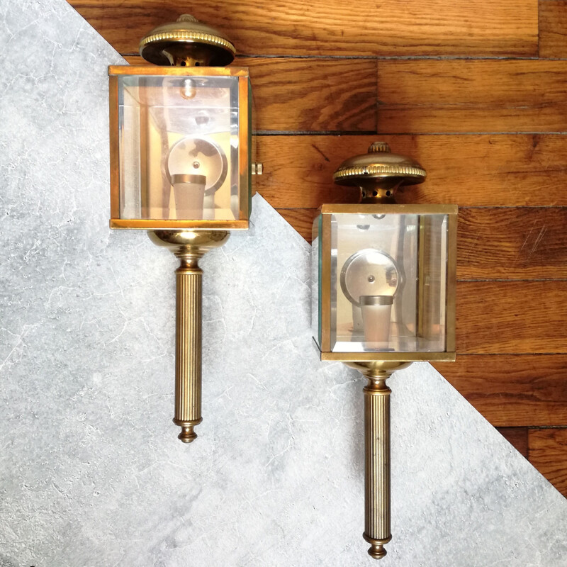 Pair of vintage wall lamps in brass and bevelled glass cab lanterns, 1970s