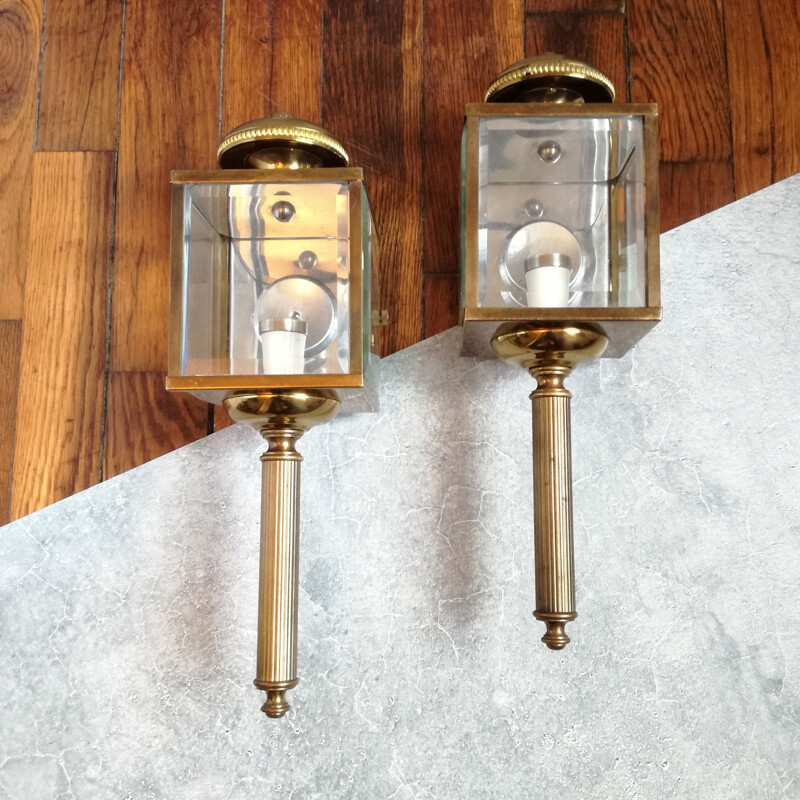 Pair of vintage wall lamps in brass and bevelled glass cab lanterns, 1970s