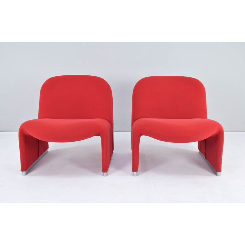 Pair of vintage red wool Alky armchairs by Giancarlo Piretti for Castelli, Italy 1970s