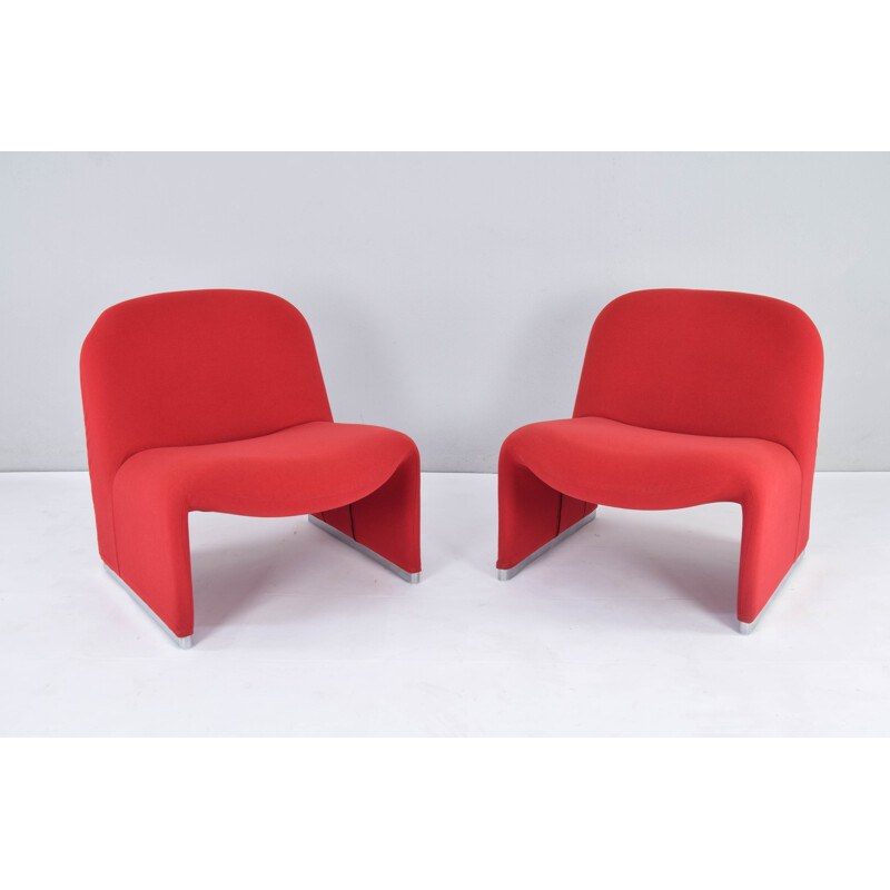 Pair of vintage red wool Alky armchairs by Giancarlo Piretti for Castelli, Italy 1970s