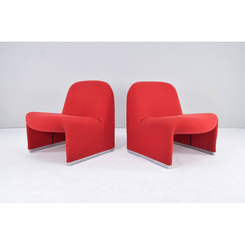 Pair of vintage red wool Alky armchairs by Giancarlo Piretti for Castelli, Italy 1970s