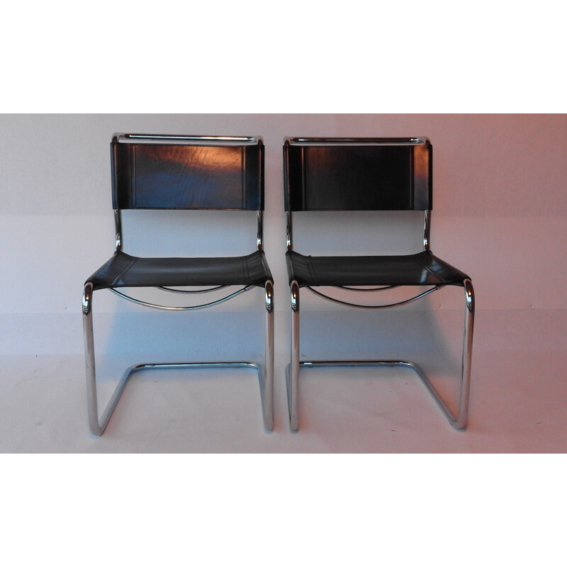 Pair of "S33" black leather chairs, Mart STAM - 1990s