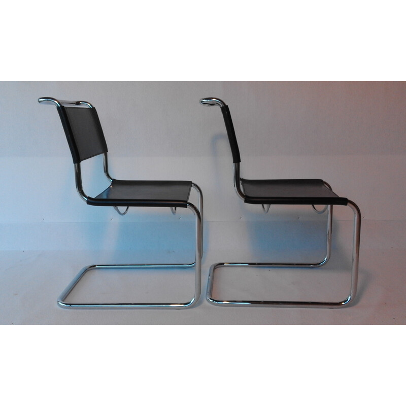 Pair of "S33" black leather chairs, Mart STAM - 1990s