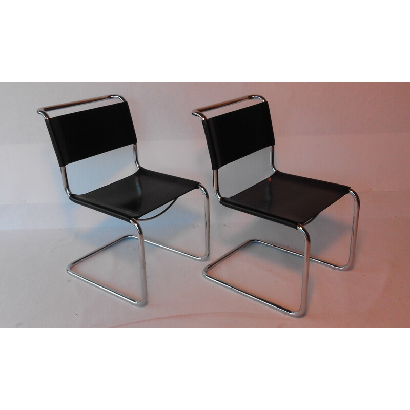 Pair of "S33" black leather chairs, Mart STAM - 1990s