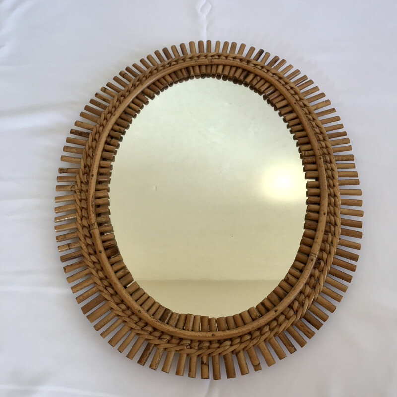 Vintage oval mirror in rattan by Marco Minbre for Bonacina, Italy 1960