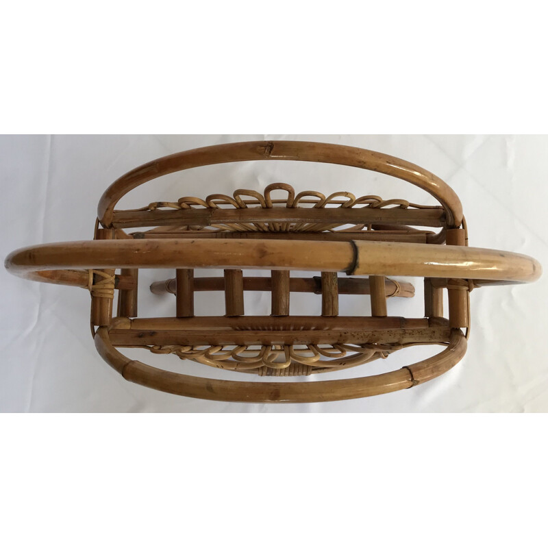 Vintage rattan peacock tail magazine rack, Italy 1950-1960