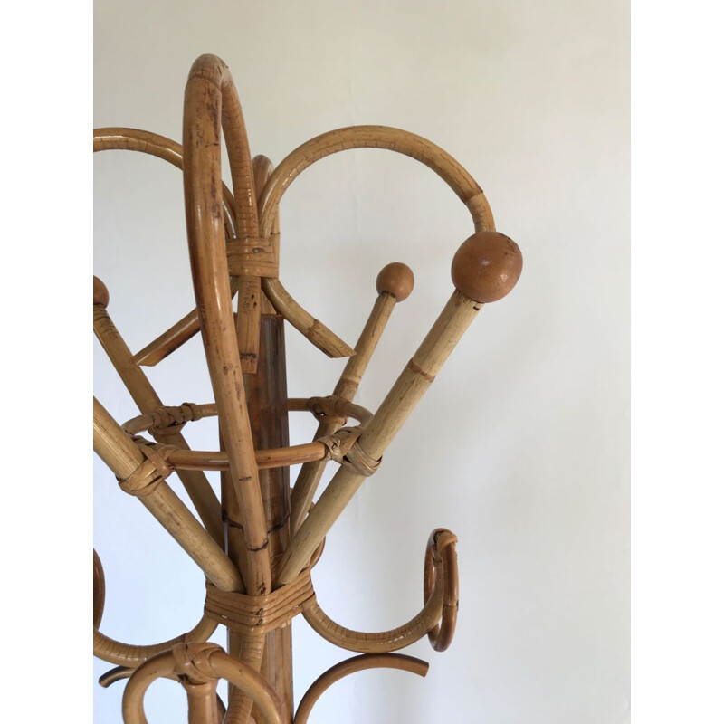 Vintage rattan and bamboo coat rack, Italy 1960