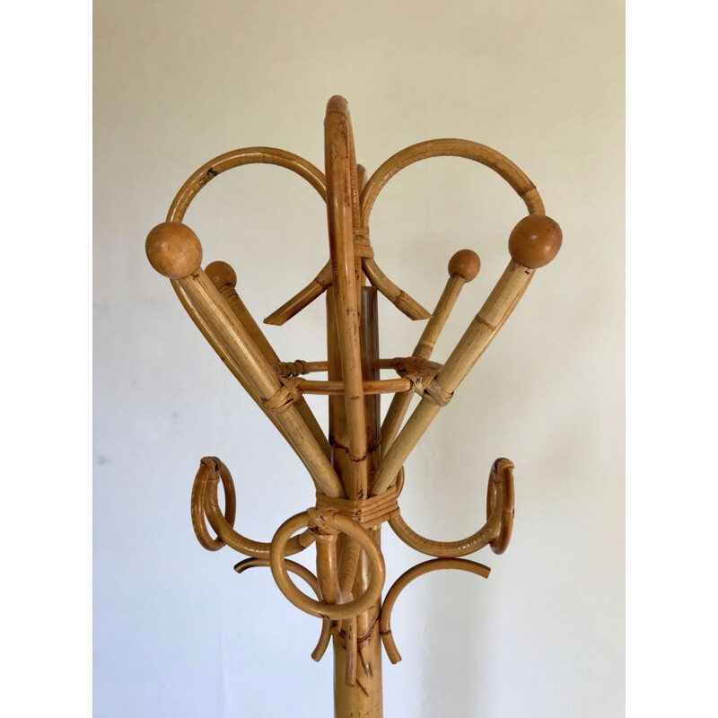 Vintage rattan and bamboo coat rack, Italy 1960