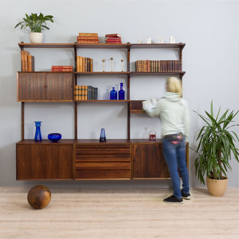 Vintage three bay modular Danish wall unit in rosewood by Cadovius, 1960s