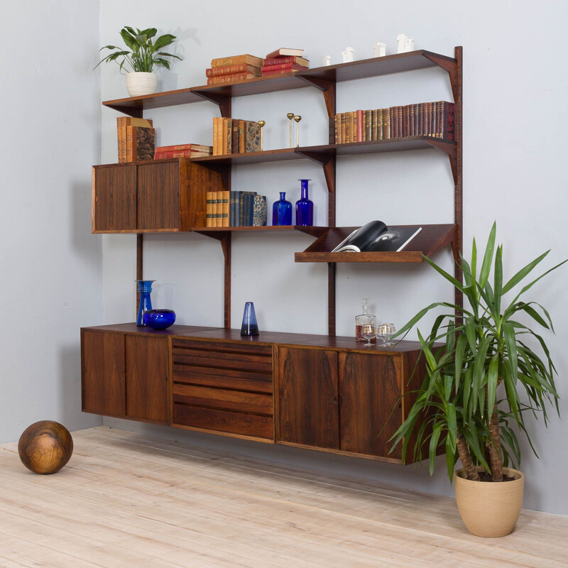 Vintage three bay modular Danish wall unit in rosewood by Cadovius, 1960s