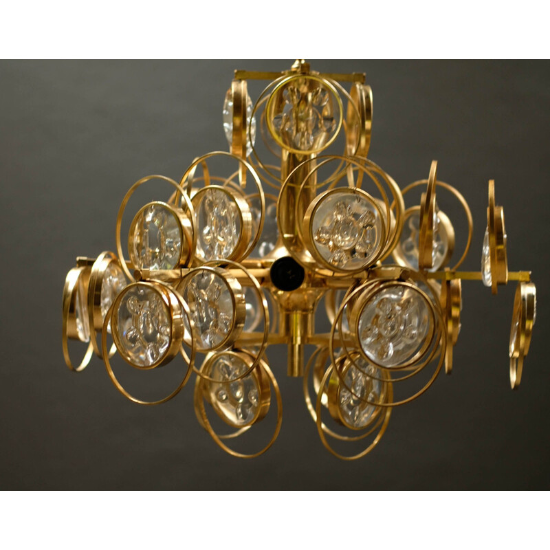 German vintage chandelier in crystal & gold-plated brass by G.Sciolari for Palwa, 1960s