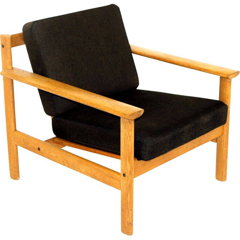 Scandinavian vintage armchair in oakwood and black cotton fabric, Sweden 1960