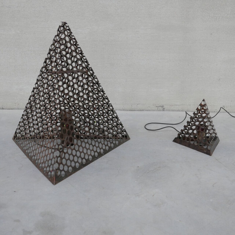 A pair of French table and floor lamps Pyramid geometric floor lamp, 1970s