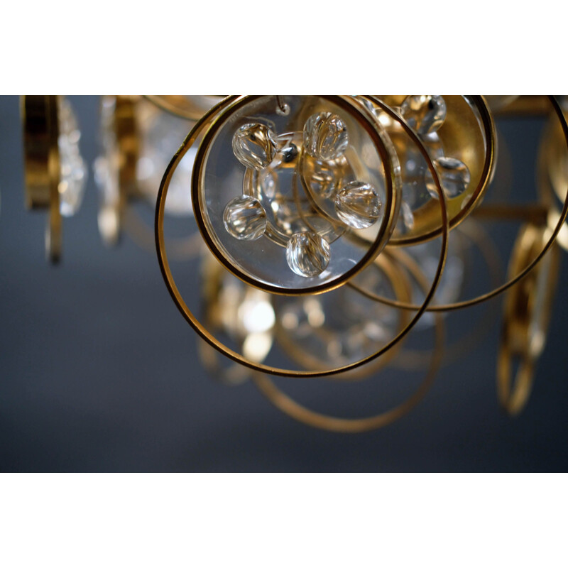 German vintage chandelier in crystal & gold-plated brass by G.Sciolari for Palwa, 1960s