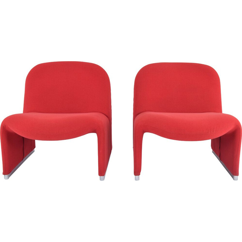 Pair of vintage red wool Alky armchairs by Giancarlo Piretti for Castelli, Italy 1970s