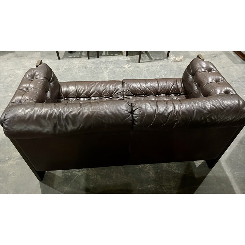 Set of Danish vintage 2 seater brown leather sofa and armchair, 1970s