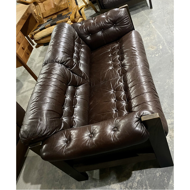 Set of Danish vintage 2 seater brown leather sofa and armchair, 1970s